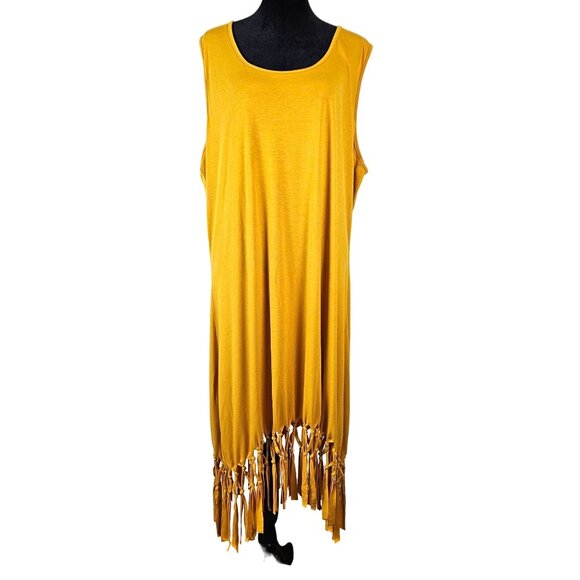 Womens Plus Size 3XL Mustard Yellow Sleeveless Cover Up Dress Fringe Hem Beach - Picture 2 of 9